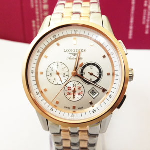 longines-玫瑰金白色面6針背透機械男錶Q9932