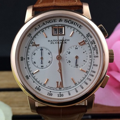 朗格 經典六針玫瑰金白面 多功能計時瑞士石英機男士腕錶 棕色真皮錶帶