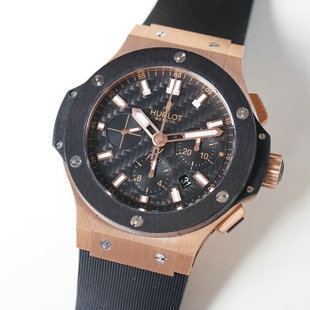 宇舶 Hublot 大爆炸系列 Big Bang 44mm 黑色碳纤维面盘 亚光黑色陶瓷圈口 超级夜光 玫瑰金表壳 黑色条纹橡胶表带 亚洲7750机芯