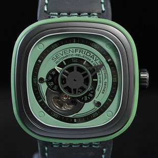 Sevenfriday 手表 绿色橡胶表壳 PVD表圈 绿色表盘 黑色牛皮表带 日本西铁城82S7自动机械机芯