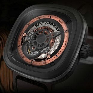 Sevenfriday 手表 PVD间不锈钢表壳 白/橙色表盘 黑色牛皮表带 日本西铁城82S7自动机械机芯