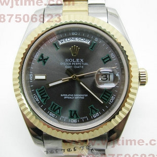 劳力士 Rolex高仿手表DateJust II 日本自动机械机芯 间金 深灰色表盘 绿色罗马数字